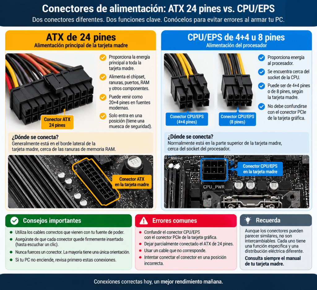 Diferencias entre conector ATX de 24 pines y CPU EPS de la tarjeta madre