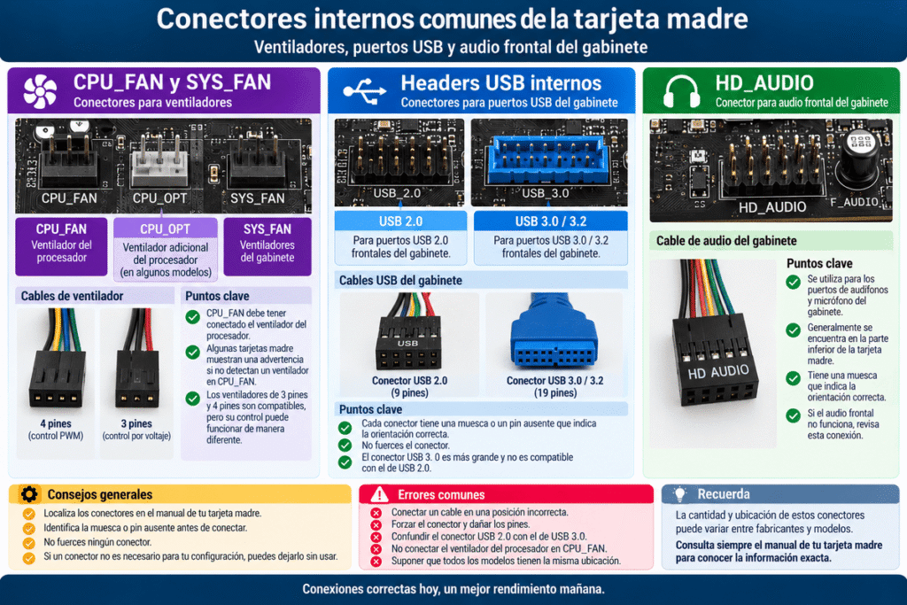 Conectores internos CPU FAN SYS FAN USB y HD AUDIO de una tarjeta madre