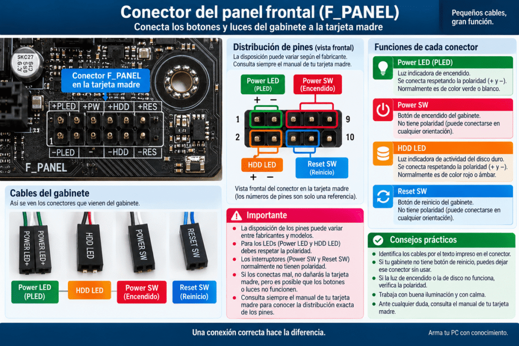Conector F_PANEL con Power SW Reset SW Power LED y HDD LED