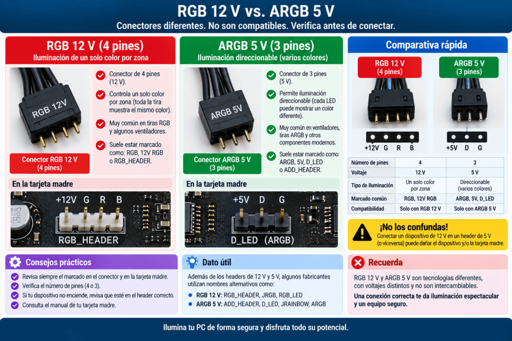 Diferencias entre RGB 12 V de 4 pines y ARGB 5 V de 3 pines