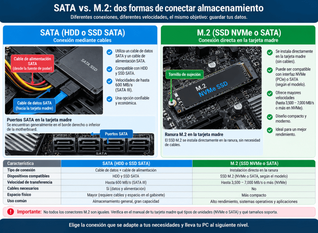Diferencia entre conexión SATA y SSD M.2 en una tarjeta madre